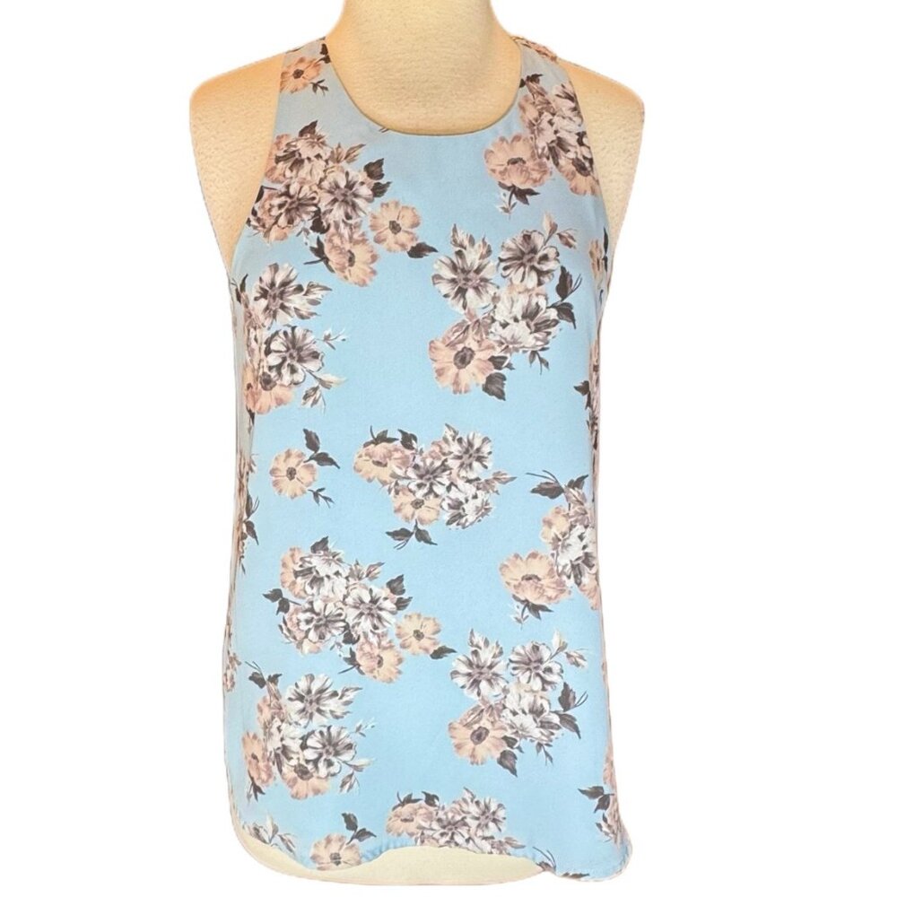 DL MSRP $98 Sleeveless Blouse Halter Top Floral Blue White Flowy Flowers Medium